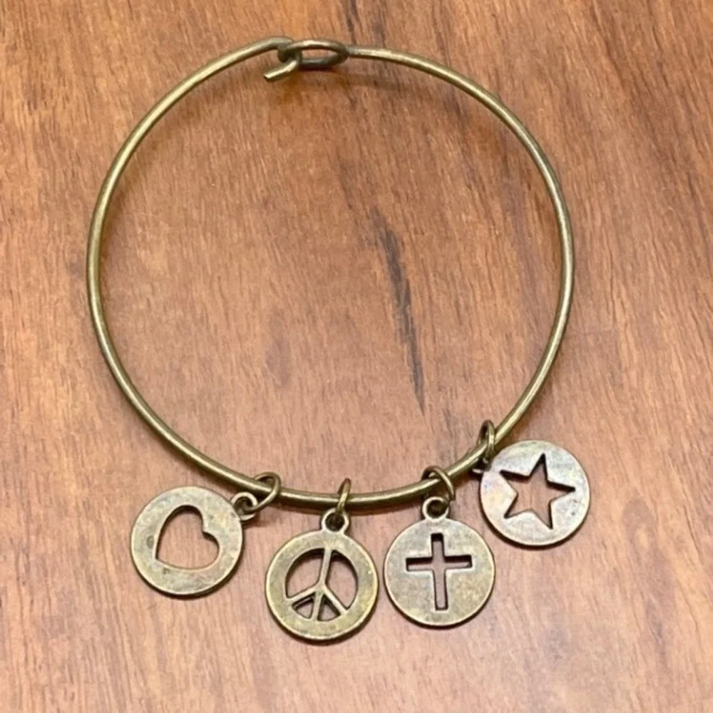 Bronze Tone Charm Bangle Bracelet Heart Peace Cross Star Boho Inspirational